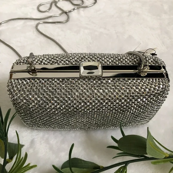 Sondra Roberts Box Silver Rhinestone/Satin Clutch, NWT